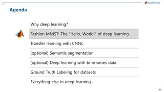 41
Why deep learning?
Fashion MNIST: The “Hello, World!” of deep learning
Transfer learning with CNNs
(optional) Semantic segmentation
(optional) Deep learning with time series data
Ground Truth Labeling for datasets
Everything else in deep learning…
Agenda
 