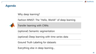 42
Why deep learning?
Fashion MNIST: The “Hello, World!” of deep learning
Transfer learning with CNNs
(optional) Semantic segmentation
(optional) Deep learning with time series data
Ground Truth Labeling for datasets
Everything else in deep learning…
Agenda
 