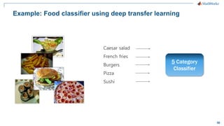 50
Example: Food classifier using deep transfer learning
5 Category
Classifier
Caesar salad
French fries
Burgers
Pizza
Sushi
 