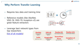 52
Why Perform Transfer Learning
▪ Requires less data and training time
▪ Reference models (like AlexNet,
VGG-16, VGG-19, Inception-v3) are
great feature extractors
▪ Leverage best network types from
top researchers
(list of all models)
AlexNet
PRETRAINED
MODEL
Caffe
I M P O R T E R
ResNet-50
PRETRAINED MODEL
TensorFlow-
Keras
I M P O R T E R
VGG-16
PRETRAINED
MODEL
GoogLeNet
PRETRAINED
MODEL
ResNet-101
PRETRAINED MODEL
Inception-v3
M O D E L S
 