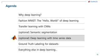 72
Why deep learning?
Fashion MNIST: The “Hello, World!” of deep learning
Transfer learning with CNNs
(optional) Semantic segmentation
(optional) Deep learning with time series data
Ground Truth Labeling for datasets
Everything else in deep learning…
Agenda
 