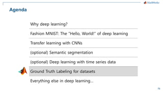 73
Why deep learning?
Fashion MNIST: The “Hello, World!” of deep learning
Transfer learning with CNNs
(optional) Semantic segmentation
(optional) Deep learning with time series data
Ground Truth Labeling for datasets
Everything else in deep learning…
Agenda
 