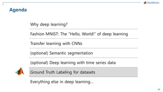 77
Why deep learning?
Fashion MNIST: The “Hello, World!” of deep learning
Transfer learning with CNNs
(optional) Semantic segmentation
(optional) Deep learning with time series data
Ground Truth Labeling for datasets
Everything else in deep learning…
Agenda
 