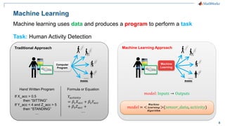 8
Machine Learning
Machine learning uses data and produces a program to perform a task
Traditional Approach Machine Learning Approach
𝑚𝑜𝑑𝑒𝑙 = <
𝑴𝒂𝒄𝒉𝒊𝒏𝒆
𝑳𝒆𝒂𝒓𝒏𝒊𝒏𝒈
𝑨𝒍𝒈𝒐𝒓𝒊𝒕𝒉𝒎
>(𝑠𝑒𝑛𝑠𝑜𝑟_𝑑𝑎𝑡𝑎, 𝑎𝑐𝑡𝑖𝑣𝑖𝑡𝑦)
Computer
Program
Machine
Learning
𝑚𝑜𝑑𝑒𝑙: Inputs → Outputs
Hand Written Program Formula or Equation
If X_acc > 0.5
then “SITTING”
If Y_acc < 4 and Z_acc > 5
then “STANDING”
…
𝑌𝑎𝑐𝑡𝑖𝑣𝑖𝑡𝑦
= 𝛽1𝑋𝑎𝑐𝑐 + 𝛽2𝑌𝑎𝑐𝑐
+ 𝛽3𝑍𝑎𝑐𝑐 +
…
Task: Human Activity Detection
 