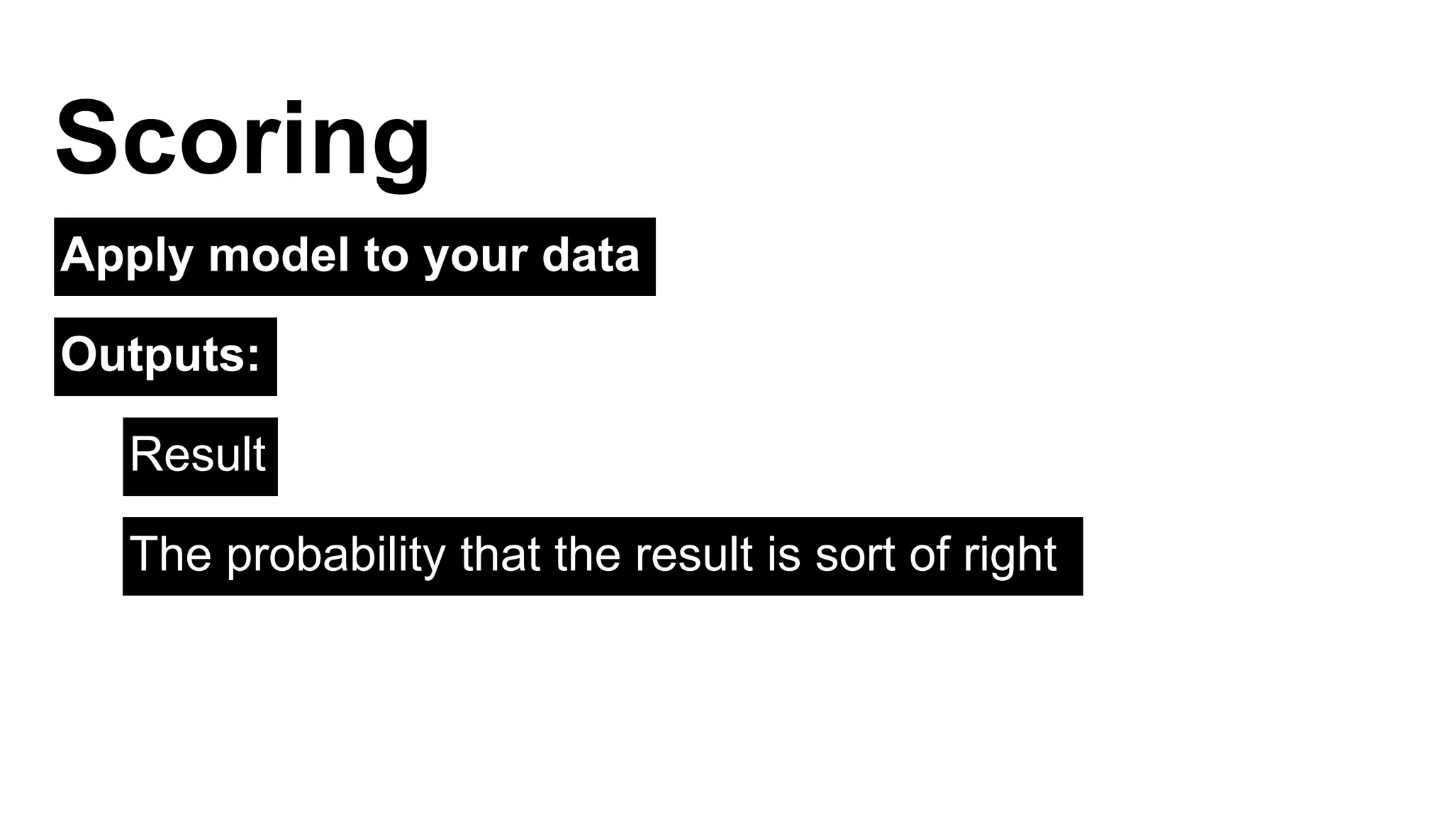 Scoring 
Apply model to your data 
Outputs: 
Result 
The probability that the result is sort of right 
 