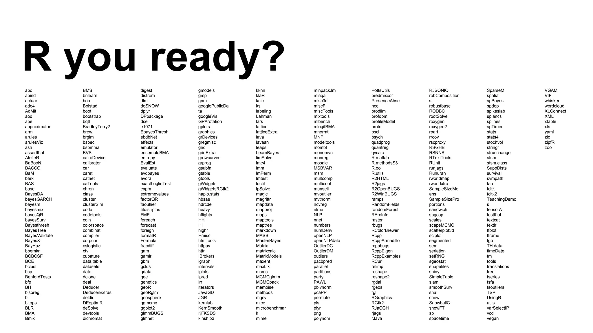 R you ready? 
abc 
abind 
actuar 
ade4 
AdMit 
aod 
ape 
approximator 
arm 
arules 
arulesViz 
ash 
assertthat 
AtelieR 
BaBooN 
BACCO 
BaM 
bark 
BAS 
base 
BayesDA 
bayesGARCH 
bayesm 
bayesmix 
bayesQR 
bayesSurv 
Bayesthresh 
BayesTree 
BayesValidate 
BayesX 
BayHaz 
bbemkr 
BCBCSF 
BCE 
bclust 
bcp 
BenfordTests 
bfp 
BH 
bisoreg 
bit 
bitops 
BLR 
BMA 
Bmix 
BMS 
bnlearn 
boa 
Bolstad 
boot 
bootstrap 
bqtl 
BradleyTerry2 
brew 
brglm 
bspec 
bspmma 
BVS 
cairoDevice 
calibrator 
car 
caret 
catnet 
caTools 
chron 
class 
cluster 
clusterSim 
coda 
codetools 
coin 
colorspace 
combinat 
compiler 
corpcor 
cslogistic 
ctv 
cubature 
data.table 
datasets 
date 
dclone 
deal 
Deducer 
DeducerExtras 
deldir 
DEoptimR 
deSolve 
devtools 
dichromat 
digest 
distrom 
dlm 
doSNOW 
dplyr 
DPpackage 
dse 
e1071 
EbayesThresh 
ebdbNet 
effects 
emulator 
ensembleBMA 
entropy 
EvalEst 
evaluate 
evdbayes 
evora 
exactLoglinTest 
expm 
extremevalues 
factorQR 
faoutlier 
fitdistrplus 
FME 
foreach 
forecast 
foreign 
formatR 
Formula 
fracdiff 
gam 
gamlr 
gbm 
gclus 
gdata 
gee 
genetics 
geoR 
geoRglm 
geosphere 
ggmcmc 
ggplot2 
glmmBUGS 
glmnet 
gmodels 
gmp 
gnm 
googlePublicDa 
ta 
googleVis 
GPArotation 
gplots 
graphics 
grDevices 
gregmisc 
grid 
gridExtra 
growcurves 
grpreg 
gsubfn 
gtable 
gtools 
gWidgets 
gWidgetsRGtk2 
haplo.stats 
hbsae 
hdrcde 
heavy 
hflights 
HH 
HI 
highr 
Hmisc 
htmltools 
httpuv 
httr 
IBrokers 
igraph 
intervals 
iplots 
ipred 
irr 
iterators 
JavaGD 
JGR 
kernlab 
KernSmooth 
KFKSDS 
kinship2 
kknn 
klaR 
knitr 
ks 
labeling 
Lahman 
lars 
lattice 
latticeExtra 
lava 
lavaan 
leaps 
LearnBayes 
limSolve 
lme4 
lmm 
lmPerm 
lmtest 
locfit 
lpSolve 
magic 
magrittr 
mapdata 
mapproj 
maps 
maptools 
maptree 
markdown 
MASS 
MasterBayes 
Matrix 
matrixcalc 
MatrixModels 
maxent 
maxLik 
mcmc 
MCMCglmm 
MCMCpack 
memoise 
methods 
mgcv 
mice 
microbenchmar 
k 
mime 
minpack.lm 
minqa 
misc3d 
miscF 
miscTools 
mixtools 
mlbench 
mlogitBMA 
mnormt 
MNP 
modeltools 
mombf 
monomvn 
monreg 
mosaic 
MSBVAR 
msm 
multcomp 
multicool 
munsell 
mvoutlier 
mvtnorm 
ncvreg 
nlme 
NLP 
nnet 
numbers 
numDeriv 
openNLP 
openNLPdata 
OutlierDC 
OutlierDM 
outliers 
pacbpred 
parallel 
partitions 
party 
PAWL 
pbivnorm 
pcaPP 
permute 
pls 
plyr 
png 
polynom 
PottsUtils 
predmixcor 
PresenceAbse 
nce 
prodlim 
profdpm 
profileModel 
proto 
pscl 
psych 
quadprog 
quantreg 
qvcalc 
R.matlab 
R.methodsS3 
R.oo 
R.utils 
R2HTML 
R2jags 
R2OpenBUGS 
R2WinBUGS 
ramps 
RandomFields 
randomForest 
RArcInfo 
raster 
rbugs 
RColorBrewer 
Rcpp 
RcppArmadillo 
rcppbugs 
RcppEigen 
RcppExamples 
RCurl 
relimp 
reshape 
reshape2 
rgdal 
rgeos 
rgl 
RGraphics 
RGtk2 
RJaCGH 
rjags 
rJava 
RJSONIO 
robComposition 
s 
robustbase 
RODBC 
rootSolve 
roxygen 
roxygen2 
rpart 
rrcov 
rscproxy 
RSGHB 
RSNNS 
RTextTools 
RUnit 
runjags 
Runuran 
rworldmap 
rworldxtra 
SampleSizeMe 
ans 
SampleSizePro 
portions 
sandwich 
sbgcop 
scales 
scapeMCMC 
scatterplot3d 
sciplot 
segmented 
sem 
seriation 
setRNG 
sgeostat 
shapefiles 
shiny 
SimpleTable 
slam 
smoothSurv 
sna 
snow 
SnowballC 
snowFT 
sp 
spacetime 
SparseM 
spatial 
spBayes 
spdep 
spikeslab 
splancs 
splines 
spTimer 
stats 
stats4 
stochvol 
stringr 
strucchange 
stsm 
stsm.class 
SuppDists 
survival 
svmpath 
tau 
tcltk 
tcltk2 
TeachingDemo 
s 
tensorA 
testthat 
textcat 
textir 
tfplot 
tframe 
tgp 
TH.data 
timeDate 
tm 
tools 
translations 
tree 
tseries 
tsfa 
tsoutliers 
TSP 
UsingR 
utils 
varSelectIP 
vcd 
vegan 
VGAM 
VIF 
whisker 
wordcloud 
XLConnect 
XML 
xtable 
xts 
yaml 
zic 
zipfR 
zoo 
 