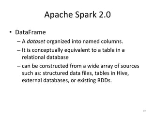 Apache Spark 2.0
• DataFrame
– A dataset organized into named columns.
– It is conceptually equivalent to a table in a
relational database
– can be constructed from a wide array of sources
such as: structured data files, tables in Hive,
external databases, or existing RDDs.
19
 