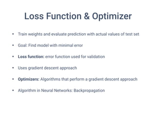 Loss Function & Optimizer
• Train weights and evaluate prediction with actual values of test set
• Goal: Find model with minimal error
• Loss function: error function used for validation
• Uses gradient descent approach
• Optimizers: Algorithms that perform a gradient descent approach
• Algorithm in Neural Networks: Backpropagation
 