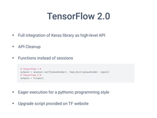 TensorFlow 2.0
• Full integration of Keras library as high-level API
• API Cleanup
• Functions instead of sessions
• Eager execution for a pythonic programming style
• Upgrade script provided on TF website
 