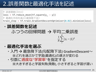 2.誤差関数と最適化手法を記述
2016-02-27 GDG京都 機械学習勉強会
26
# 誤差関数(loss)
loss = tf.reduce_mean(tf.square(y_ - y))
# 最適化手段を選ぶ(最急降下法)
train_step = tf.train.GradientDescentOptimizer(0.02).minimize(loss)
・誤差関数を記述
ふつうの回帰問題  平均二乗誤差
1
𝑁
𝑦𝑖 − 𝑦𝑖
2
𝑁
𝑖
・最適化手法を選ぶ
・入門  最急降下法(勾配降下法) GradientDescent～
※どれを選ぶかで学習(最適化)の速さが変わる
・引数に適度な"学習率"を指定する
※大きすぎると学習失敗(発散), 小さすぎると学習が遅い
 