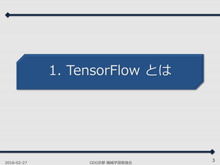 1. TensorFlow とは
2016-02-27 GDG京都 機械学習勉強会
3
 