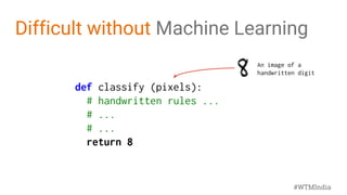 Difficult without Machine Learning
def classify (pixels):
# handwritten rules ...
# ...
# ...
return 8
An image of a
handwritten digit
#WTMIndia
 