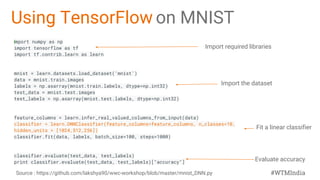 #WTMIndia
Using TensorFlow on MNIST
import numpy as np
import tensorflow as tf
import tf.contrib.learn as learn
mnist = learn.datasets.load_dataset('mnist')
data = mnist.train.images
labels = np.asarray(mnist.train.labels, dtype=np.int32)
test_data = mnist.test.images
test_labels = np.asarray(mnist.test.labels, dtype=np.int32)
feature_columns = learn.infer_real_valued_columns_from_input(data)
classifier = learn.DNNClassifier(feature_columns=feature_columns, n_classes=10,
hidden_units = [1024,512,256])
classifier.fit(data, labels, batch_size=100, steps=1000)
classifier.evaluate(test_data, test_labels)
print classifier.evaluate(test_data, test_labels)["accuracy"]
Import required libraries
Import the dataset
Fit a linear classifier
Evaluate accuracy
Source : https://github.com/lakshya90/wwc-workshop/blob/master/mnist_DNN.py
 