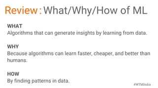 #WTMIndia
Review:What/Why/How of ML
WHAT
Algorithms that can generate insights by learning from data.
WHY
Because algorithms can learn faster, cheaper, and better than
humans.
HOW
By finding patterns in data.
 