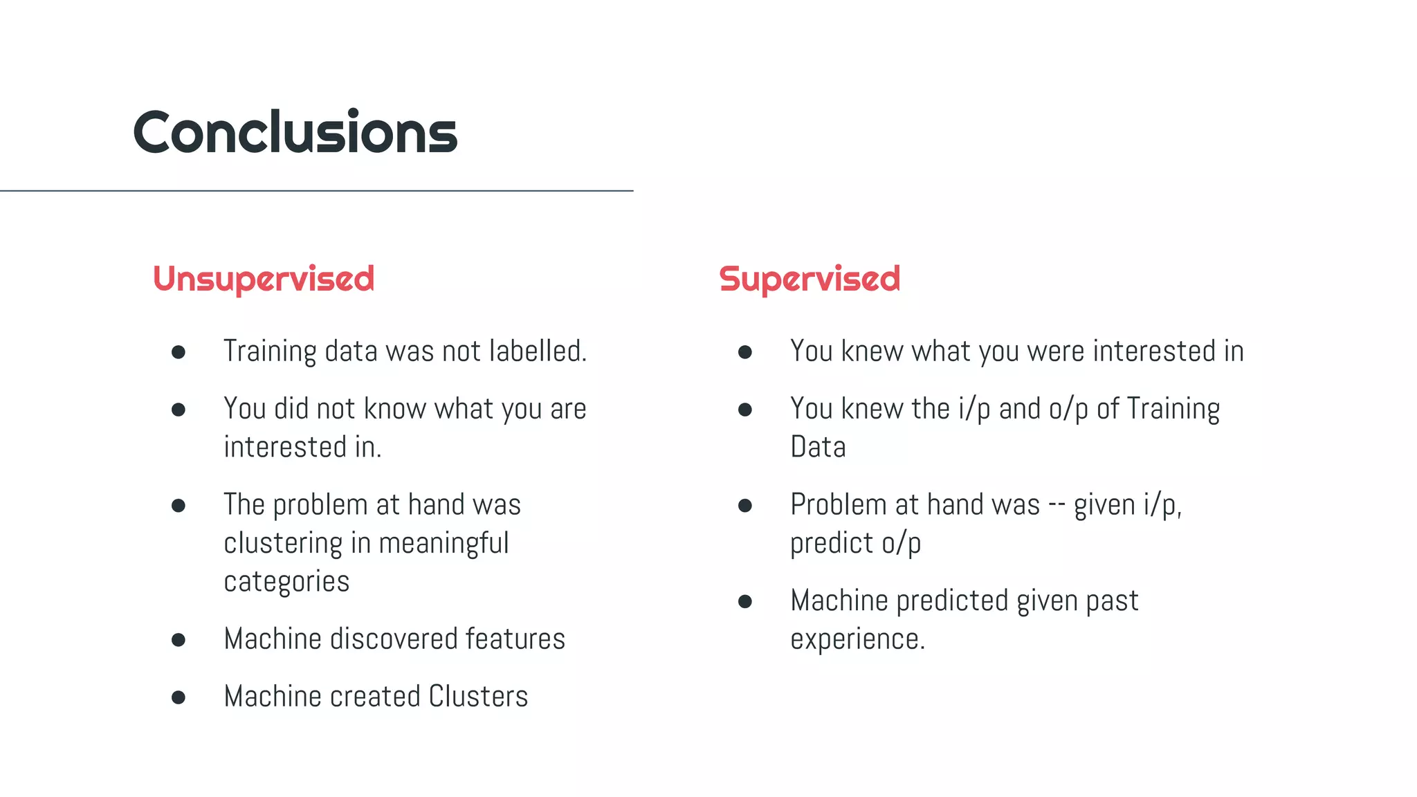 ● Training data was not labelled.
● You did not know what you are
interested in.
● The problem at hand was
clustering in meaningful
categories
● Machine discovered features
● Machine created Clusters
● You knew what you were interested in
● You knew the i/p and o/p of Training
Data
● Problem at hand was -- given i/p,
predict o/p
● Machine predicted given past
experience.
Conclusions
Unsupervised Supervised
 