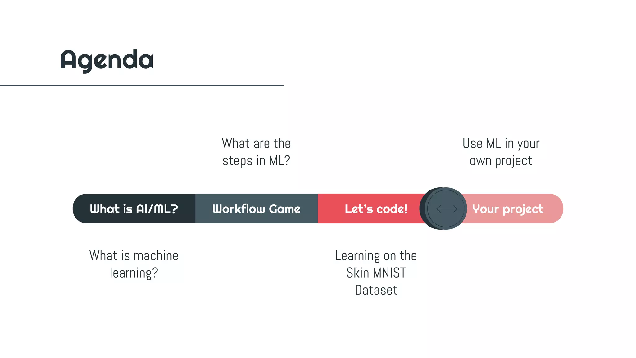 Agenda
Let’s code!What is AI/ML? Workflow Game Your project
What is machine
learning?
What are the
steps in ML?
Learning on the
Skin MNIST
Dataset
Use ML in your
own project
 