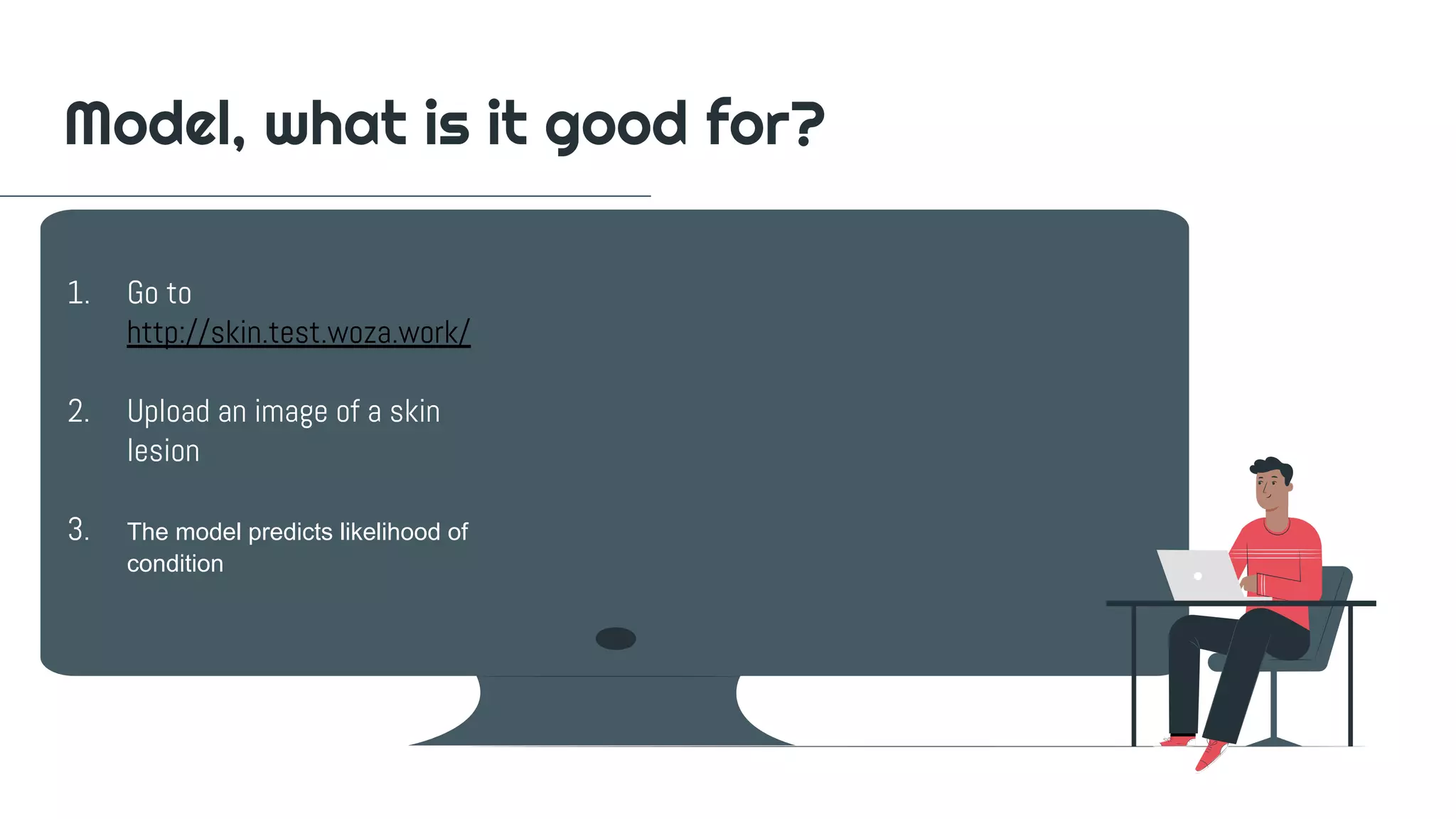 1. Go to
http://skin.test.woza.work/
2. Upload an image of a skin
lesion
3. The model predicts likelihood of
condition
Model, what is it good for?
 