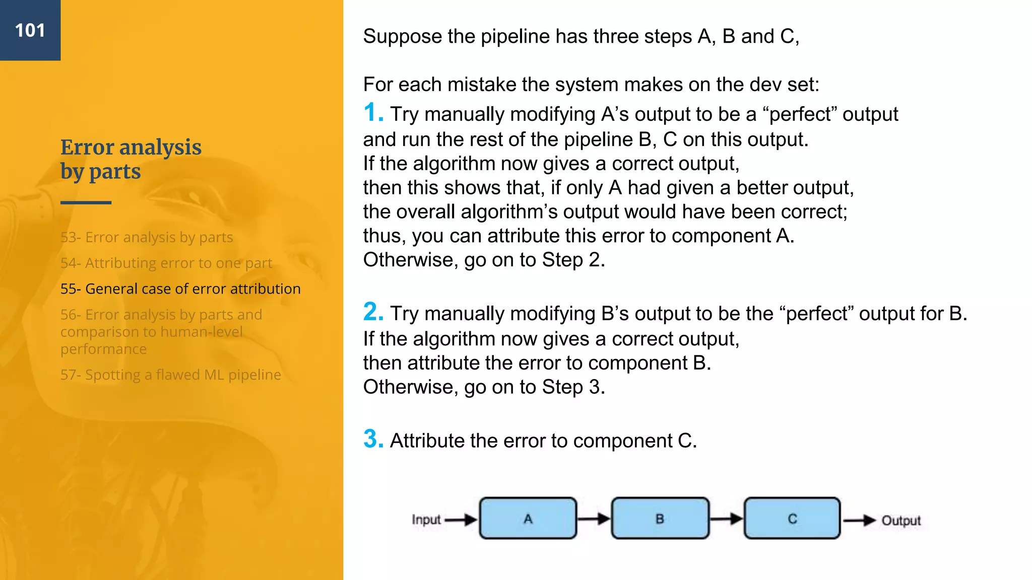 Error analysis
by parts
101
53- Error analysis by parts
54- Attributing error to one part
55- General case of error attribution
56- Error analysis by parts and
comparison to human-level
performance
57- Spotting a flawed ML pipeline
Suppose the pipeline has three steps A, B and C,
For each mistake the system makes on the dev set:
1. Try manually modifying A’s output to be a “perfect” output
and run the rest of the pipeline B, C on this output.
If the algorithm now gives a correct output,
then this shows that, if only A had given a better output,
the overall algorithm’s output would have been correct;
thus, you can attribute this error to component A.
Otherwise, go on to Step 2.
2. Try manually modifying B’s output to be the “perfect” output for B.
If the algorithm now gives a correct output,
then attribute the error to component B.
Otherwise, go on to Step 3.
3. Attribute the error to component C.
 