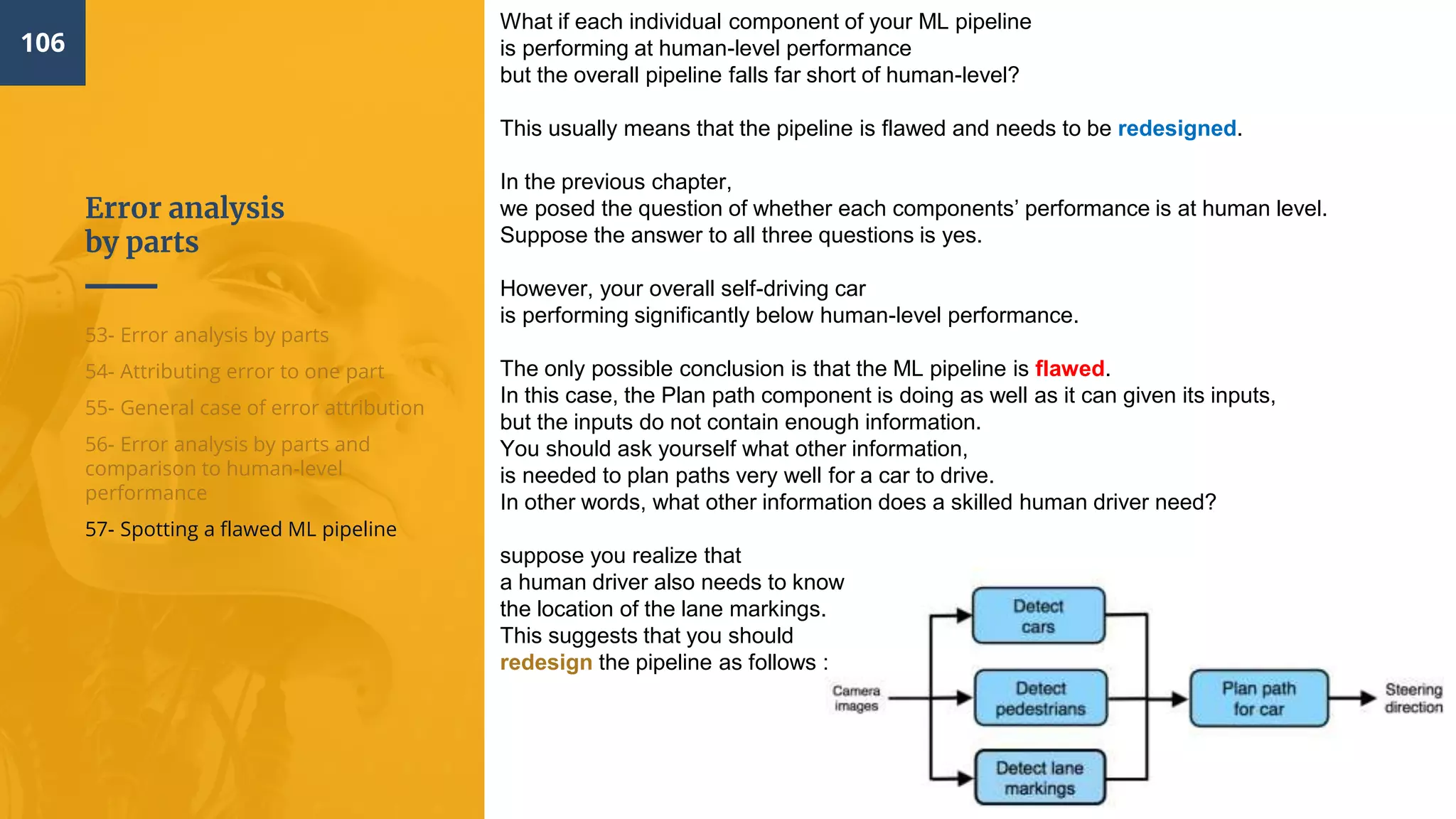 Error analysis
by parts
106
53- Error analysis by parts
54- Attributing error to one part
55- General case of error attribution
56- Error analysis by parts and
comparison to human-level
performance
57- Spotting a flawed ML pipeline
What if each individual component of your ML pipeline
is performing at human-level performance
but the overall pipeline falls far short of human-level?
This usually means that the pipeline is flawed and needs to be redesigned.
In the previous chapter,
we posed the question of whether each components’ performance is at human level.
Suppose the answer to all three questions is yes.
However, your overall self-driving car
is performing significantly below human-level performance.
The only possible conclusion is that the ML pipeline is flawed.
In this case, the Plan path component is doing as well as it can given its inputs,
but the inputs do not contain enough information.
You should ask yourself what other information,
is needed to plan paths very well for a car to drive.
In other words, what other information does a skilled human driver need?
suppose you realize that
a human driver also needs to know
the location of the lane markings.
This suggests that you should
redesign the pipeline as follows :
 
