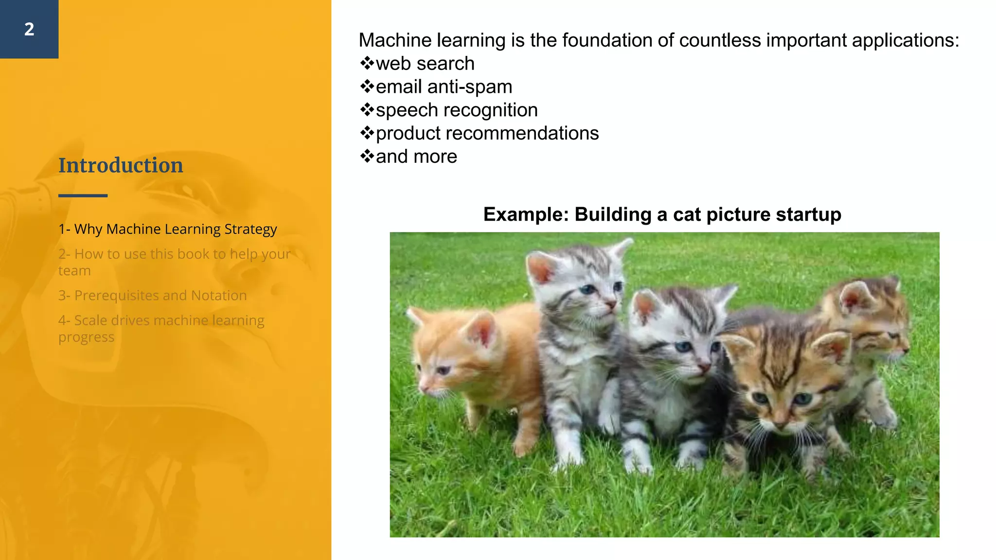 Introduction
2
1- Why Machine Learning Strategy
2- How to use this book to help your
team
3- Prerequisites and Notation
4- Scale drives machine learning
progress
Machine learning is the foundation of countless important applications:
web search
email anti-spam
speech recognition
product recommendations
and more
Example: Building a cat picture startup
 