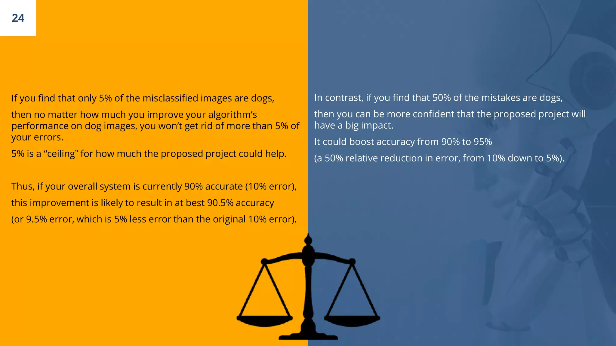 If you find that only 5% of the misclassified images are dogs,
then no matter how much you improve your algorithm’s
performance on dog images, you won’t get rid of more than 5% of
your errors.
5% is a “ceiling” for how much the proposed project could help.
Thus, if your overall system is currently 90% accurate (10% error),
this improvement is likely to result in at best 90.5% accuracy
(or 9.5% error, which is 5% less error than the original 10% error).
24
In contrast, if you find that 50% of the mistakes are dogs,
then you can be more confident that the proposed project will
have a big impact.
It could boost accuracy from 90% to 95%
(a 50% relative reduction in error, from 10% down to 5%).
 