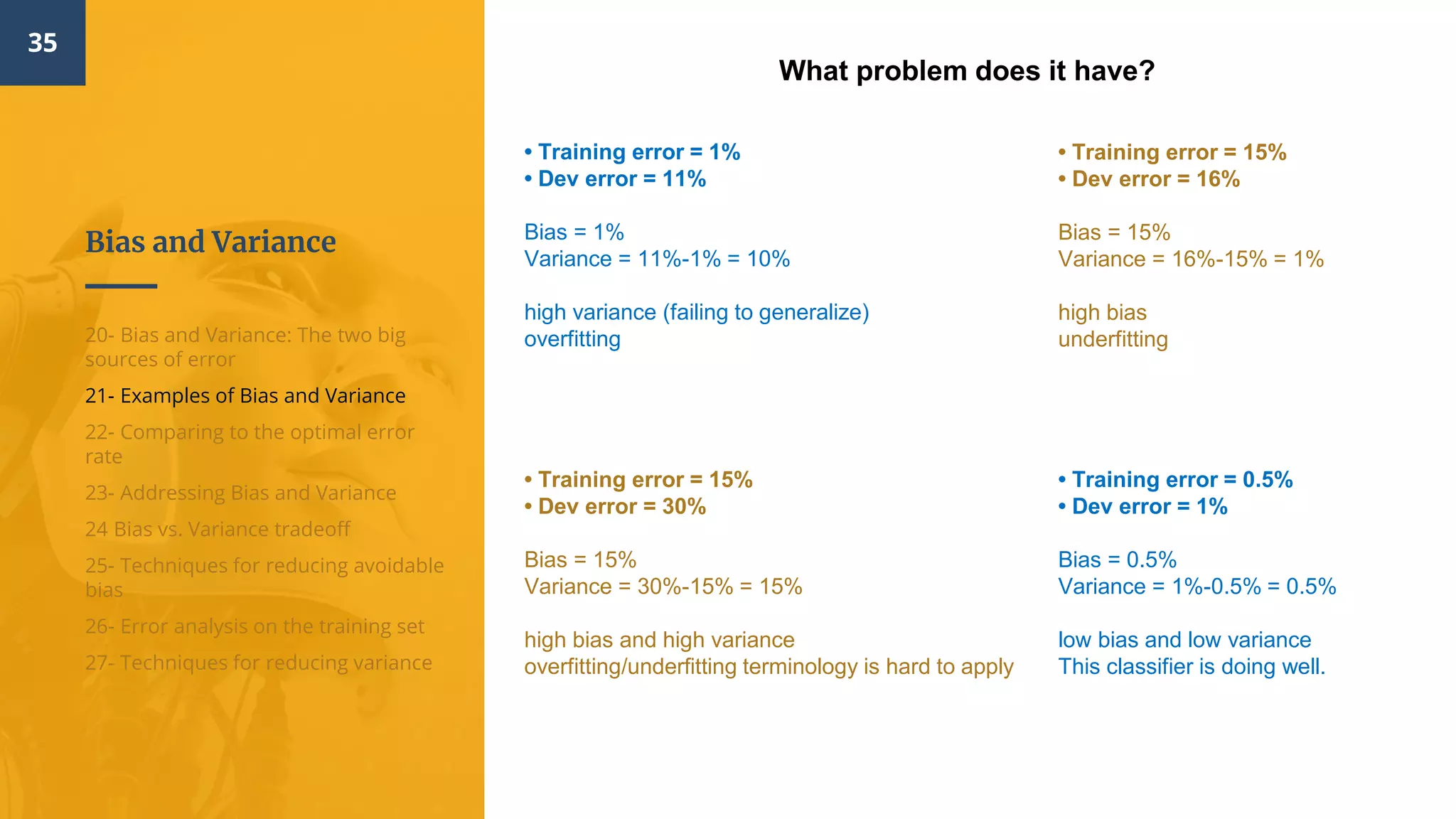 Bias and Variance
35
20- Bias and Variance: The two big
sources of error
21- Examples of Bias and Variance
22- Comparing to the optimal error
rate
23- Addressing Bias and Variance
24 Bias vs. Variance tradeoff
25- Techniques for reducing avoidable
bias
26- Error analysis on the training set
27- Techniques for reducing variance
What problem does it have?
• Training error = 1%
• Dev error = 11%
Bias = 1%
Variance = 11%-1% = 10%
high variance (failing to generalize)
overfitting
• Training error = 15%
• Dev error = 16%
Bias = 15%
Variance = 16%-15% = 1%
high bias
underfitting
• Training error = 15%
• Dev error = 30%
Bias = 15%
Variance = 30%-15% = 15%
high bias and high variance
overfitting/underfitting terminology is hard to apply
• Training error = 0.5%
• Dev error = 1%
Bias = 0.5%
Variance = 1%-0.5% = 0.5%
low bias and low variance
This classifier is doing well.
 