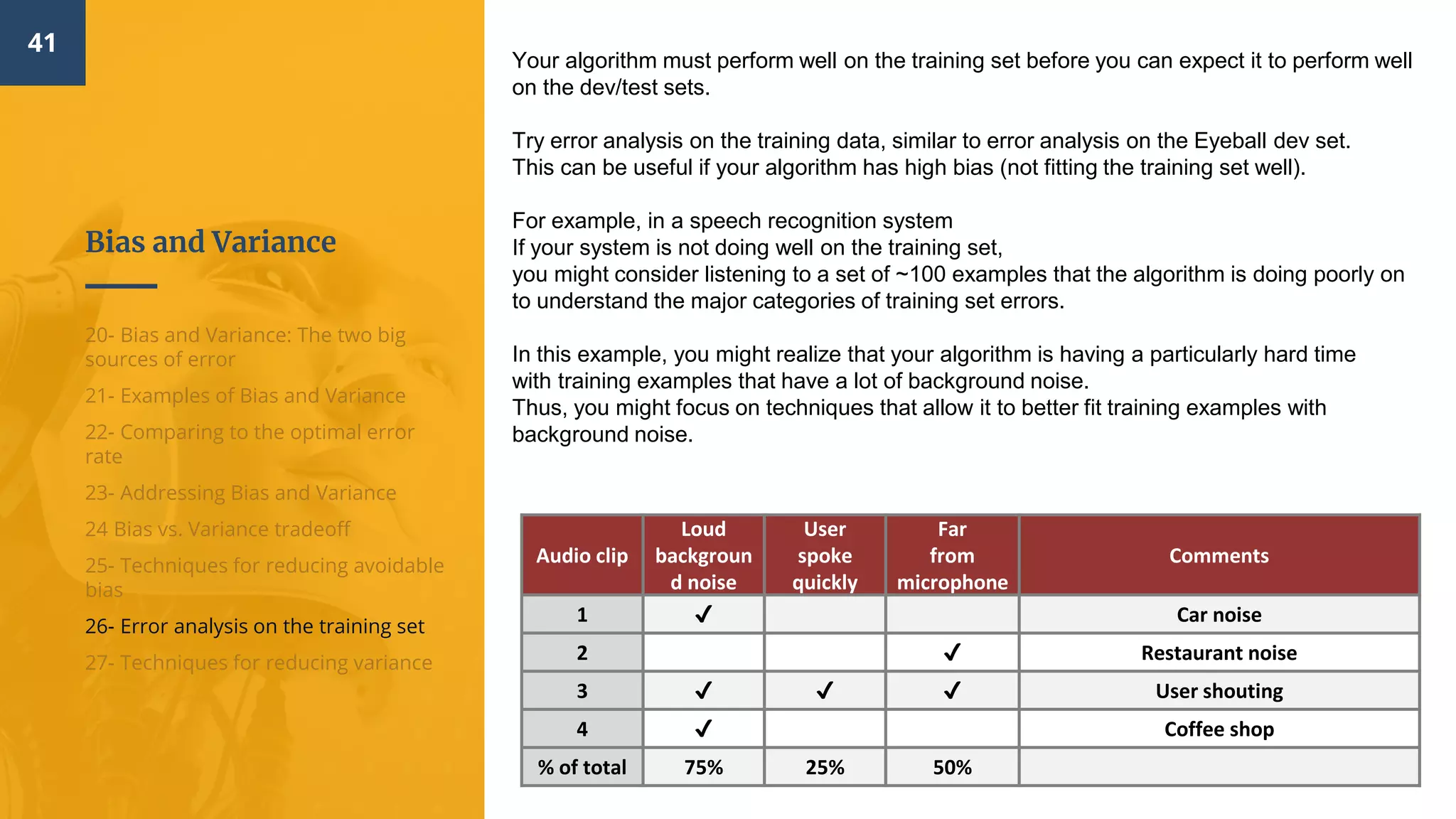 Bias and Variance
41
20- Bias and Variance: The two big
sources of error
21- Examples of Bias and Variance
22- Comparing to the optimal error
rate
23- Addressing Bias and Variance
24 Bias vs. Variance tradeoff
25- Techniques for reducing avoidable
bias
26- Error analysis on the training set
27- Techniques for reducing variance
Audio clip
Loud
backgroun
d noise
User
spoke
quickly
Far
from
microphone
Comments
1 ✔ Car noise
2 ✔ Restaurant noise
3 ✔ ✔ ✔ User shouting
4 ✔ Coffee shop
% of total 75% 25% 50%
Your algorithm must perform well on the training set before you can expect it to perform well
on the dev/test sets.
Try error analysis on the training data, similar to error analysis on the Eyeball dev set.
This can be useful if your algorithm has high bias (not fitting the training set well).
For example, in a speech recognition system
If your system is not doing well on the training set,
you might consider listening to a set of ~100 examples that the algorithm is doing poorly on
to understand the major categories of training set errors.
In this example, you might realize that your algorithm is having a particularly hard time
with training examples that have a lot of background noise.
Thus, you might focus on techniques that allow it to better fit training examples with
background noise.
 