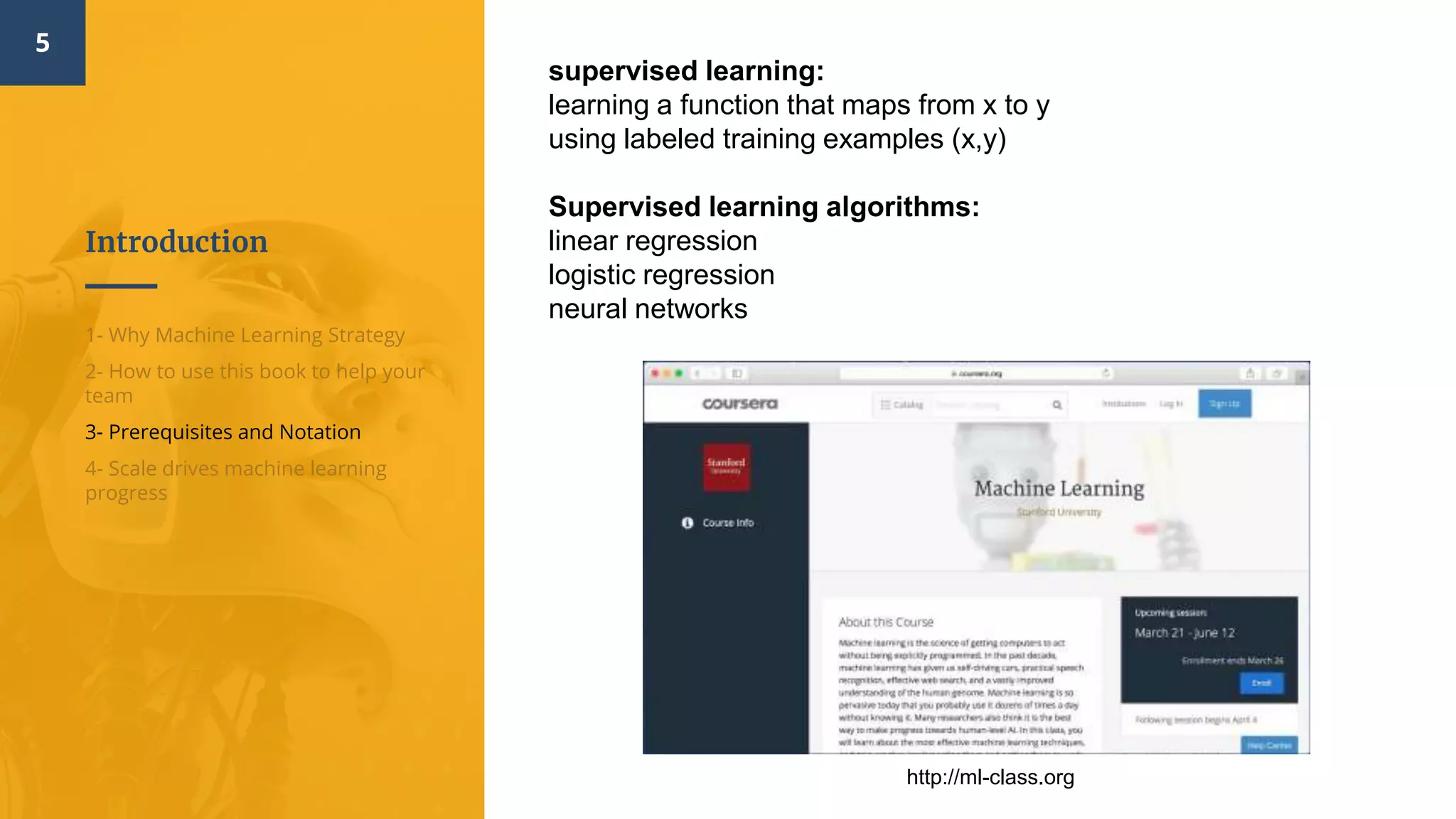 Introduction
5
1- Why Machine Learning Strategy
2- How to use this book to help your
team
3- Prerequisites and Notation
4- Scale drives machine learning
progress
supervised learning​:
learning a function that maps from x to y
using labeled training examples (x,y)
Supervised learning algorithms:
linear regression
logistic regression
neural networks
http://ml-class.org
 