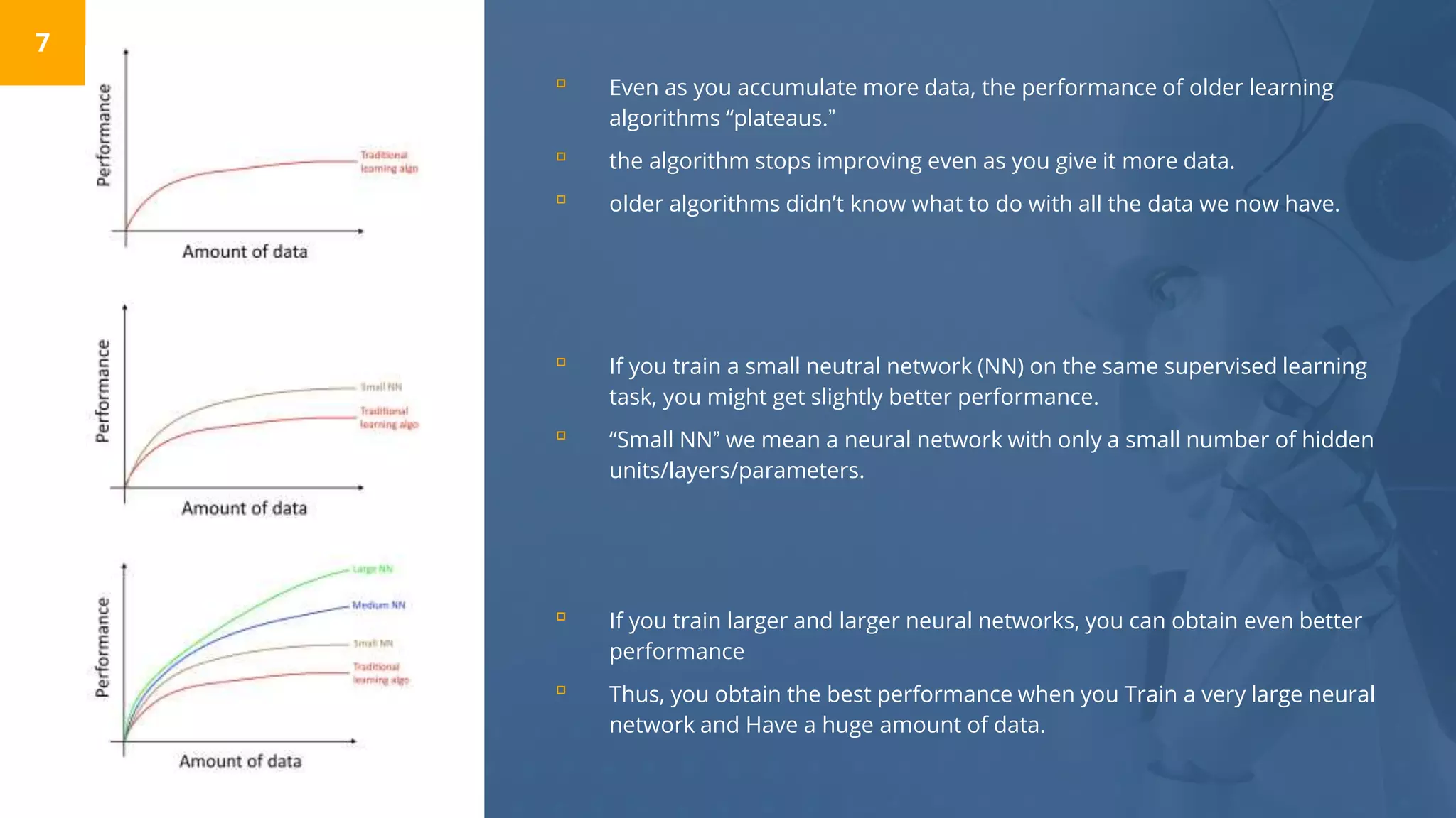 ▫ If you train larger and larger neural networks, you can obtain even better
performance
▫ Thus, you obtain the best performance when you Train a very large neural
network and Have a huge amount of data.
7
▫ Even as you accumulate more data, the performance of older learning
algorithms “plateaus.”
▫ the algorithm stops improving even as you give it more data.
▫ older algorithms didn’t know what to do with all the data we now have.
▫ If you train a small neutral network (NN) on the same supervised learning
task, you might get slightly better performance.
▫ “Small NN” we mean a neural network with only a small number of hidden
units/layers/parameters.
 