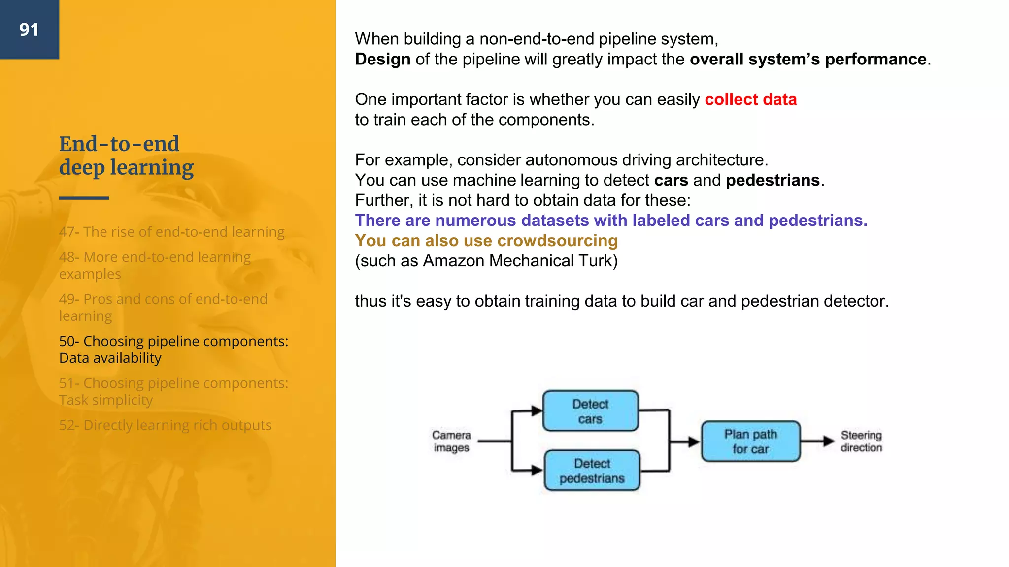 End-to-end
deep learning
91
47- The rise of end-to-end learning
48- More end-to-end learning
examples
49- Pros and cons of end-to-end
learning
50- Choosing pipeline components:
Data availability
51- Choosing pipeline components:
Task simplicity
52- Directly learning rich outputs
When building a non-end-to-end pipeline system,
Design of the pipeline will greatly impact the overall system’s performance.
One important factor is whether you can easily collect data
to train each of the components.
For example, consider autonomous driving architecture.
You can use machine learning to detect cars and pedestrians.
Further, it is not hard to obtain data for these:
There are numerous datasets with labeled cars and pedestrians.
You can also use crowdsourcing
(such as Amazon Mechanical Turk)
thus it's easy to obtain training data to build car and pedestrian detector.
 
