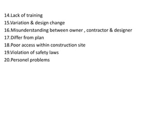 14.Lack of training
15.Variation & design change
16.Misunderstanding between owner , contractor & designer
17.Differ from plan
18.Poor access within construction site
19.Violation of safety laws
20.Personel problems
 