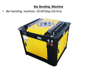 Bar Bending Machine
• Bar bending machine- 10 MT/day (10 Hrs)
 