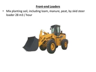 Front-end Loaders
• Mix planting soil, including loam, manure, peat, by skid steer
loader 28 m3 / hour
 