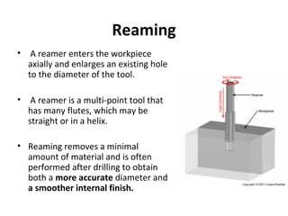 Reaming
• A reamer enters the workpiece
axially and enlarges an existing hole
to the diameter of the tool.
• A reamer is a multi-point tool that
has many flutes, which may be
straight or in a helix.
• Reaming removes a minimal
amount of material and is often
performed after drilling to obtain
both a more accurate diameter and
a smoother internal finish.
 