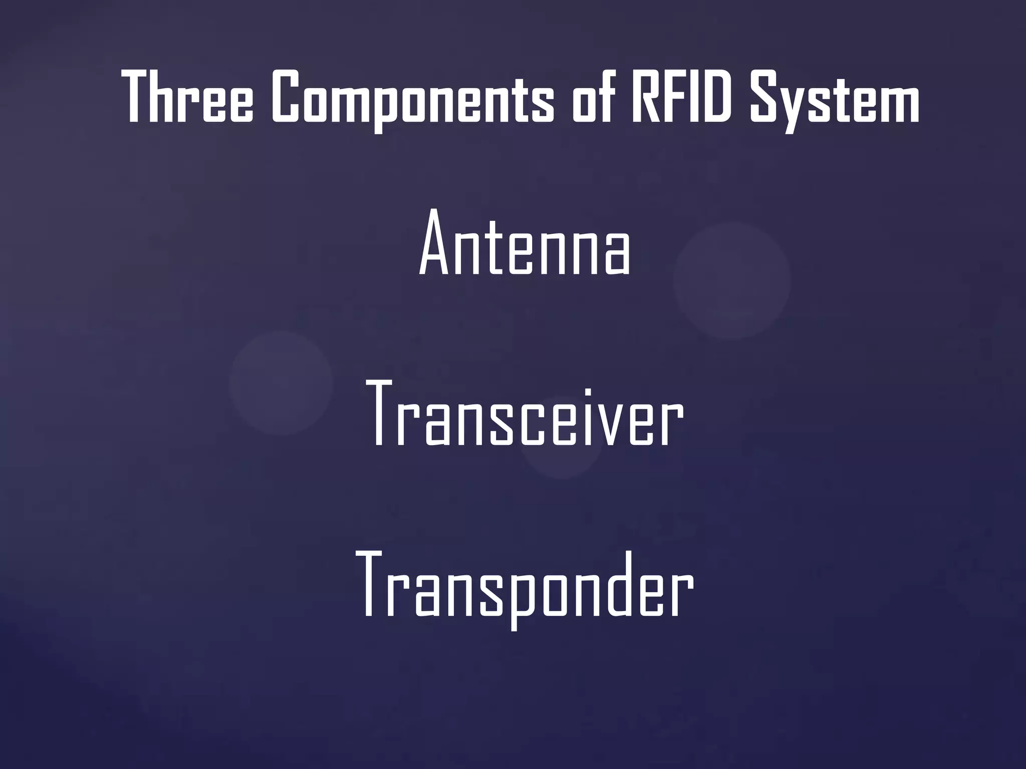 Three Components of RFID System

Antenna
Transceiver
Transponder

 