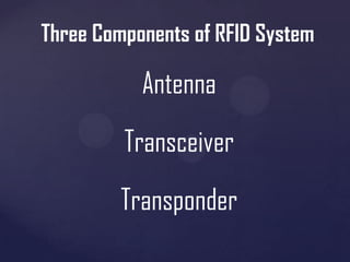 Three Components of RFID System

Antenna
Transceiver
Transponder

 