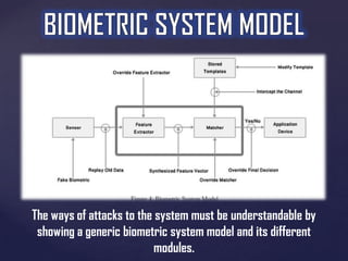 The ways of attacks to the system must be understandable by
showing a generic biometric system model and its different
modules.

 