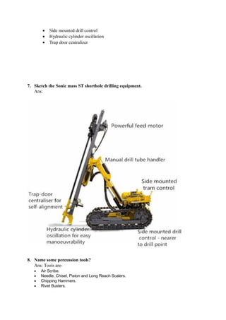  Side mounted drill control
 Hydraulic cylinder oscillation
 Trap door centralizer
7. Sketch the Sonic mass ST shorthole drilling equipment.
Ans:
8. Name some percussion tools?
Ans: Tools are-
 Air Scribe.
 Needle, Chisel, Piston and Long Reach Scalers.
 Chipping Hammers.
 Rivet Busters.
 