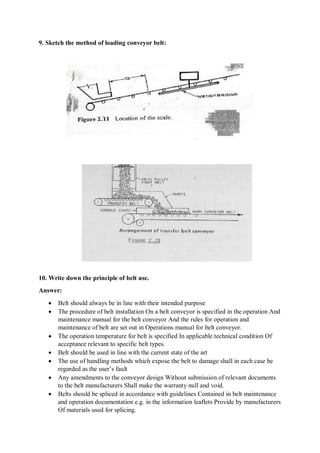 9. Sketch the method of loading conveyor belt:
10. Write down the principle of belt use.
Answer:
 Belt should always be in line with their intended purpose
 The procedure of belt installation On a belt conveyor is specified in the operation And
maintenance manual for the belt conveyor And the rules for operation and
maintenance of belt are set out in Operations manual for belt conveyor.
 The operation temperature for belt is specified In applicable technical condition Of
acceptance relevant to specific belt types.
 Belt should be used in line with the current state of the art
 The use of handling methods which expose the belt to damage shall in each case be
regarded as the user’s fault
 Any amendments to the conveyor design Without submission of relevant documents
to the belt manufacturers Shall make the warranty null and void.
 Belts should be spliced in accordance with guidelines Contained in belt maintenance
and operation documentation e.g. in the information leaflets Provide by manufacturers
Of materials used for splicing.
 