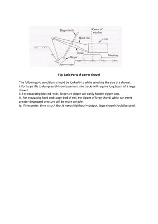 Fig: Basic Parts of power shovel
The following job conditions should be looked into while selecting the size of a showel.
i. For large lifts to dump earth from basement into tracks will require long boom of a large
shovel.
ii. For excavating blasted rocks, large size dipper will easily handle bigger sizes.
iii. For excavating hard and tough bed of soil, the dipper of large shovel which can exert
greater downward pressure will be more suitable.
iv. If the project time is such that it needs high hourly output, large shovel should be used.
 