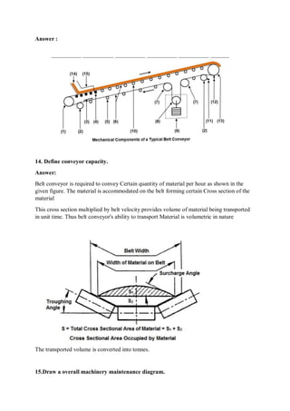 Answer :
14. Define conveyor capacity.
Answer:
Belt conveyor is required to convey Certain quantity of material per hour as shown in the
given figure. The material is accommodated on the belt forming certain Cross section of the
material
This cross section multiplied by belt velocity provides volume of material being transported
in unit time. Thus belt conveyor's ability to transport Material is volumetric in nature
The transported volume is converted into tonnes.
15.Draw a overall machinery maintenance diagram.
 