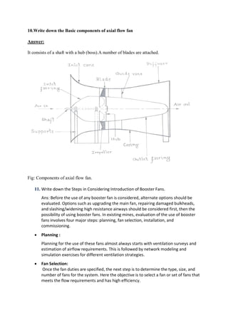 10.Write down the Basic components of axial flow fan
Answer:
It consists of a shaft with a hub (boss).A number of blades are attached.
Fig: Components of axial flow fan.
11. Write down the Steps in Considering Introduction of Booster Fans.
Ans: Before the use of any booster fan is considered, alternate options should be
evaluated. Options such as upgrading the main fan, repairing damaged bulkheads,
and slashing/widening high resistance airways should be considered first, then the
possibility of using booster fans. In existing mines, evaluation of the use of booster
fans involves four major steps: planning, fan selection, installation, and
commissioning.
 Planning :
Planning for the use of these fans almost always starts with ventilation surveys and
estimation of airflow requirements. This is followed by network modeling and
simulation exercises for different ventilation strategies.
 Fan Selection:
Once the fan duties are specified, the next step is to determine the type, size, and
number of fans for the system. Here the objective is to select a fan or set of fans that
meets the flow requirements and has high efficiency.
 