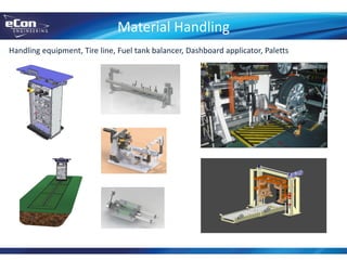 Handling equipment, Tire line, Fuel tank balancer, Dashboard applicator, Paletts
Material Handling
 
