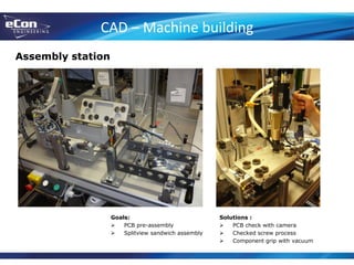 CAD – Machine building
Assembly station
Solutions :
 PCB check with camera
 Checked screw process
 Component grip with vacuum
Goals:
 PCB pre-assembly
 Splitview sandwich assembly
 