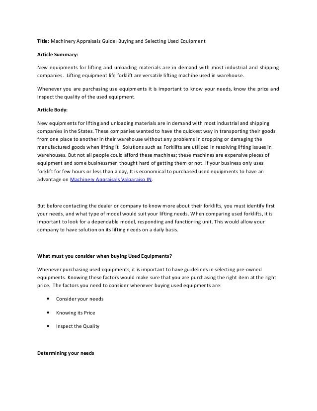 Machinery appraisals guide buying and selecting used equipment