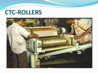 CTC-ROLLERS
CTC-ROLLERS consist of a main shaft on which the
segments are fixed by heat treatment on a mandrel
form. The diameter of the roller is generally 200 cm
(8″) and the latest senova rollers are of 330 cm (13″)
diameter. Depending on the capacity of the rollers,
their length varies from 600 (24″) to 910 cm (36″).
Generally two rollers are fixed horizontally and parallel
to each other and both rotate in opposite directions.
The ratio of speed between the low speed and high
speed rollers is 1:10 depending on the requirement of
leaf or dust grade.
 