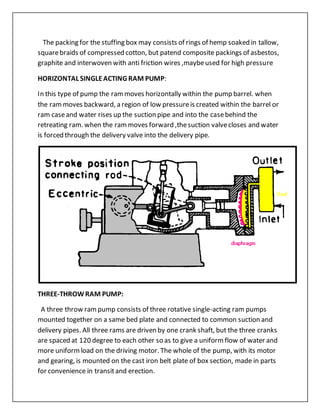 The packing for the stuffing box may consists of rings of hemp soaked in tallow,
squarebraids of compressed cotton, but patend composite packings of asbestos,
graphite and interwoven with anti friction wires ,maybeused for high pressure
HORIZONTAL SINGLEACTING RAM PUMP:
In this type of pump the rammoves horizontally within the pump barrel. when
the rammoves backward, a region of low pressureis created within the barrel or
ram caseand water rises up the suction pipe and into the casebehind the
retreating ram. when the rammoves forward ,thesuction valvecloses and water
is forced through the delivery valve into the delivery pipe.
THREE-THROWRAM PUMP:
A three throw rampump consists of three rotative single-acting ram pumps
mounted together on a same bed plate and connected to common suction and
delivery pipes. All three rams are driven by one crank shaft, but the three cranks
are spaced at 120 degree to each other so as to give a uniformflow of water and
more uniformload on the driving motor. The whole of the pump, with its motor
and gearing, is mounted on the cast iron belt plate of box section, made in parts
for convenience in transitand erection.
 