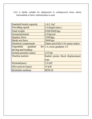 12.It is ideally suitable for deployment in underground mines where
intermediate or Semi- mechanization is used.
 
