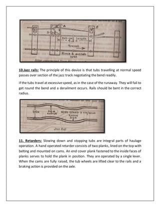10.Jazz rails: The principle of this device is that tubs travelling at normal speed
passes over section of the jazz track negotiating the bend readily.
If the tubs travel at excessivespeed, as in the case of the runaway. They will fail to
get round the bend and a derailment occurs. Rails should be bent in the correct
radius.
11. Retarders: Slowing down and stopping tubs are integral parts of haulage
operation. A hand operated retarder consists of two planks, lined on the top with
belting and mounted on cams. An end cover plank fastened to the inside faces of
planks serves to hold the plank in position. They are operated by a single lever.
When the cams are fully raised, the tub wheels are lifted clear to the rails and a
braking action is provided on the axle.
 