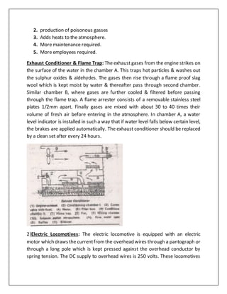 2. production of poisonous gasses
3. Adds heats to the atmosphere.
4. More maintenance required.
5. More employees required.
Exhaust Conditioner & Flame Trap: The exhaust gases from the engine strikes on
the surface of the water in the chamber A. This traps hot particles & washes out
the sulphur oxides & aldehydes. The gases then rise through a flame proof slag
wool which is kept moist by water & thereafter pass through second chamber.
Similar chamber B, where gases are further cooled & filtered before passing
through the flame trap. A flame arrester consists of a removable stainless steel
plates 1/2mm apart. Finally gases are mixed with about 30 to 40 times their
volume of fresh air before entering in the atmosphere. In chamber A, a water
level indicator is installed in such a way that if water level falls below certain level,
the brakes are applied automatically. The exhaust conditioner should be replaced
by a clean set after every 24 hours.
2)Electric Locomotives: The electric locomotive is equipped with an electric
motor which draws the currentfromthe overhead wires through a pantograph or
through a long pole which is kept pressed against the overhead conductor by
spring tension. The DC supply to overhead wires is 250 volts. These locomotives
 
